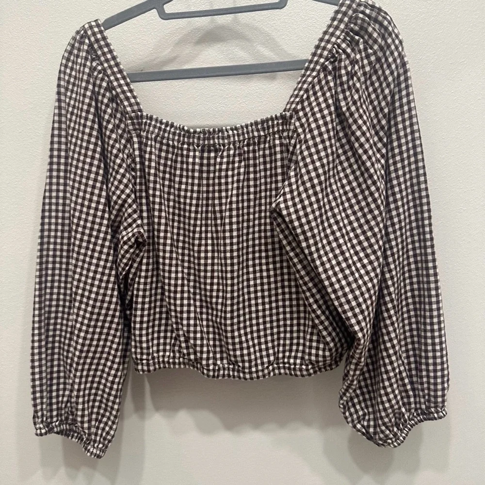 Madewell Brown and White Gingham Button-Front Peasant Blouse - Picture 6 of 6